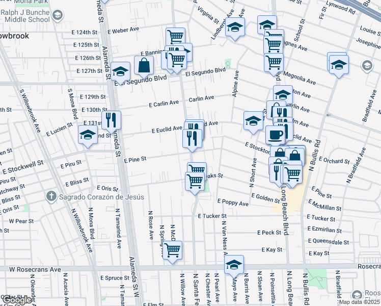 map of restaurants, bars, coffee shops, grocery stores, and more near 2108 North Santa Fe Avenue in Compton