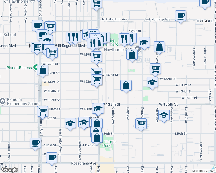 map of restaurants, bars, coffee shops, grocery stores, and more near 13226 Roselle Avenue in Hawthorne