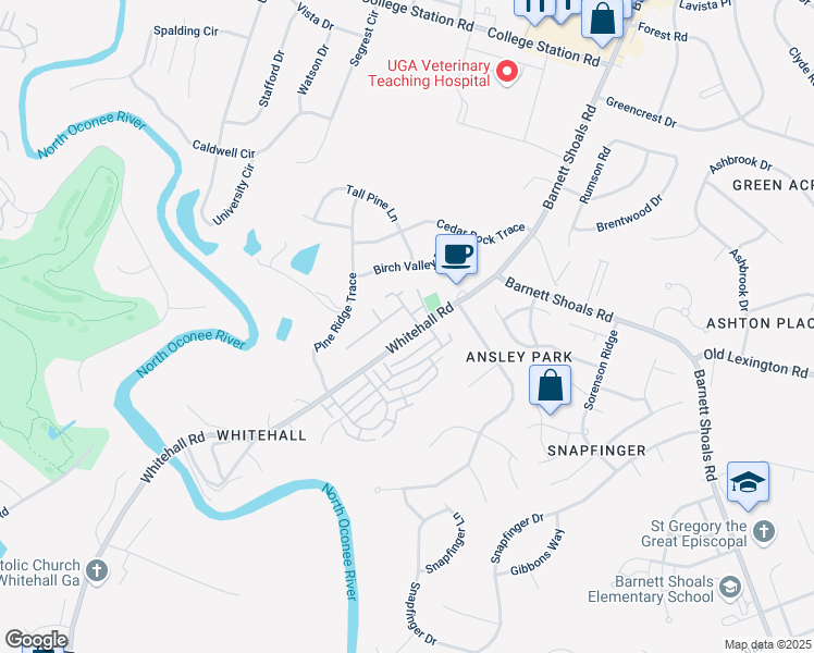 map of restaurants, bars, coffee shops, grocery stores, and more near 210 Whitehall Road in Athens