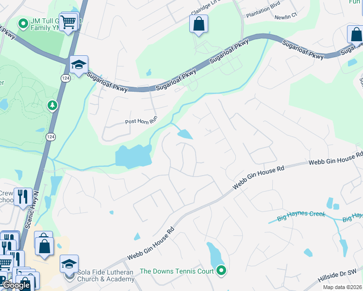 map of restaurants, bars, coffee shops, grocery stores, and more near 1366 Wind Chime Court in Lawrenceville