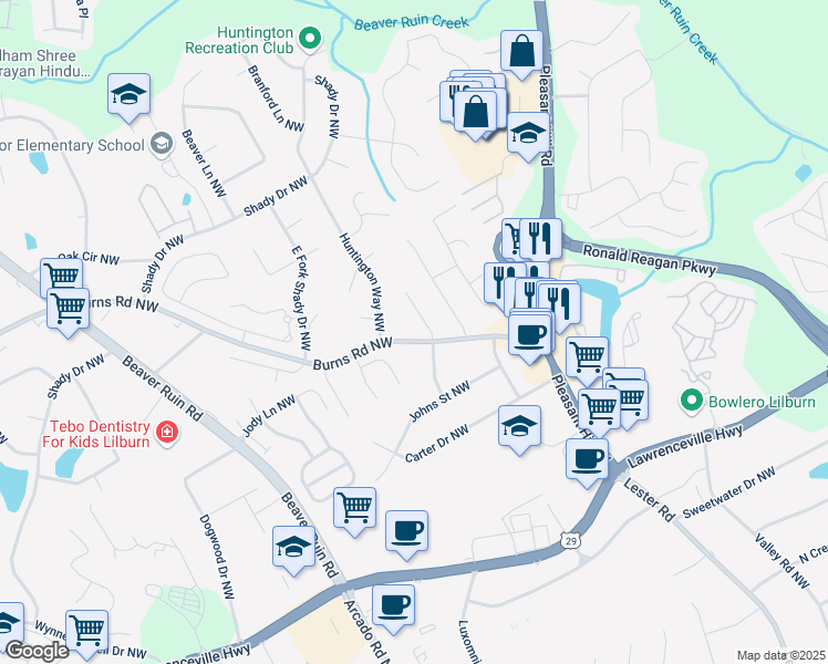 map of restaurants, bars, coffee shops, grocery stores, and more near 597a Johns Way Northwest in Lilburn