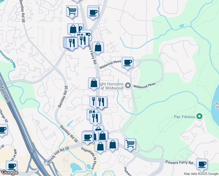map of restaurants, bars, coffee shops, grocery stores, and more near 2989 Rivergreen Lane in Atlanta
