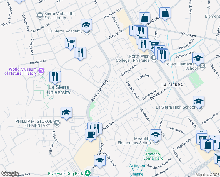 map of restaurants, bars, coffee shops, grocery stores, and more near 4540 springleaf Lane in Riverside