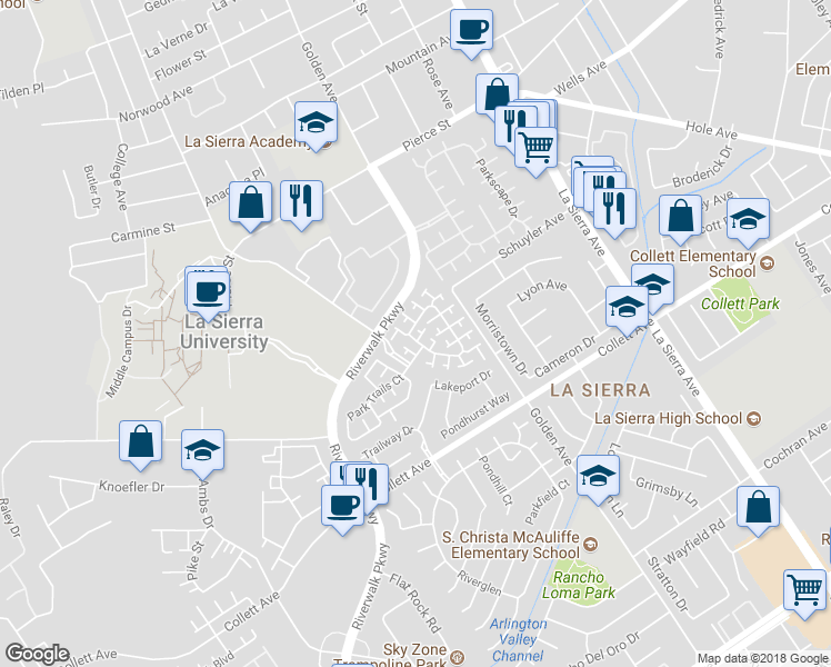 map of restaurants, bars, coffee shops, grocery stores, and more near 4540 springleaf Lane in Riverside