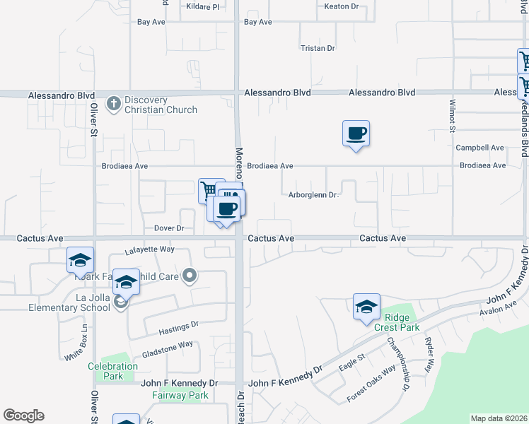 map of restaurants, bars, coffee shops, grocery stores, and more near in Moreno Valley