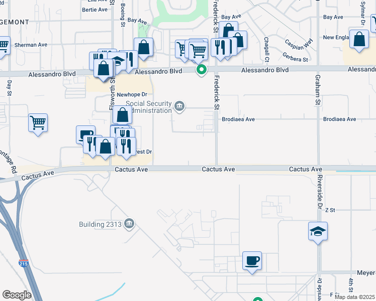 map of restaurants, bars, coffee shops, grocery stores, and more near 22750 Cactus Avenue in Moreno Valley