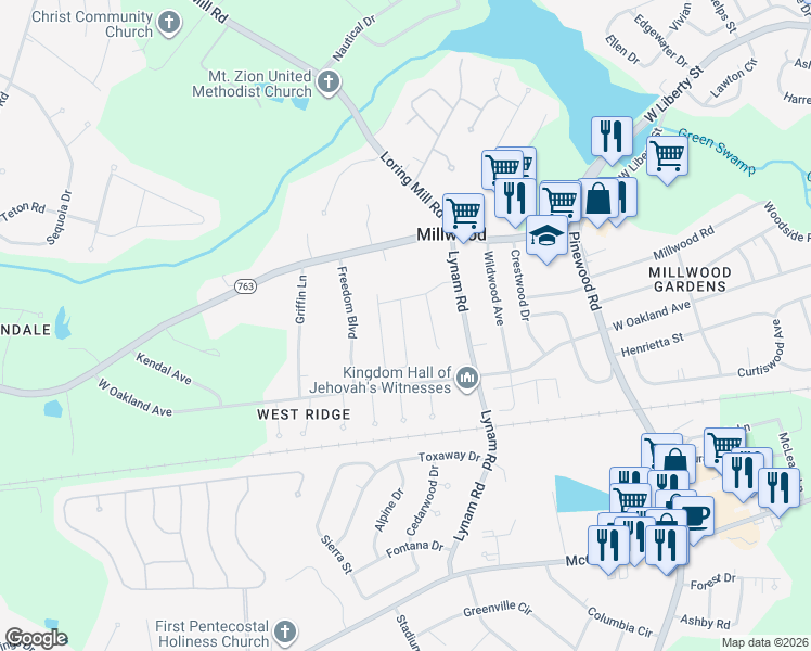 map of restaurants, bars, coffee shops, grocery stores, and more near 420 Conifer Street in Sumter