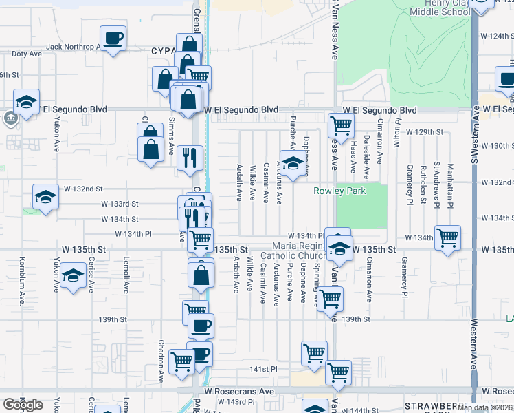 map of restaurants, bars, coffee shops, grocery stores, and more near 13228 Wilkie Avenue in Gardena