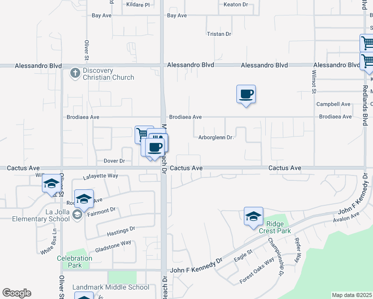 map of restaurants, bars, coffee shops, grocery stores, and more near in Moreno Valley