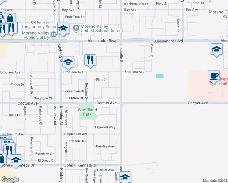 map of restaurants, bars, coffee shops, grocery stores, and more near 14371 Janie Court in Moreno Valley