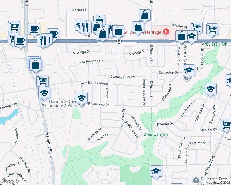 map of restaurants, bars, coffee shops, grocery stores, and more near 615 Paseo Place in Fullerton