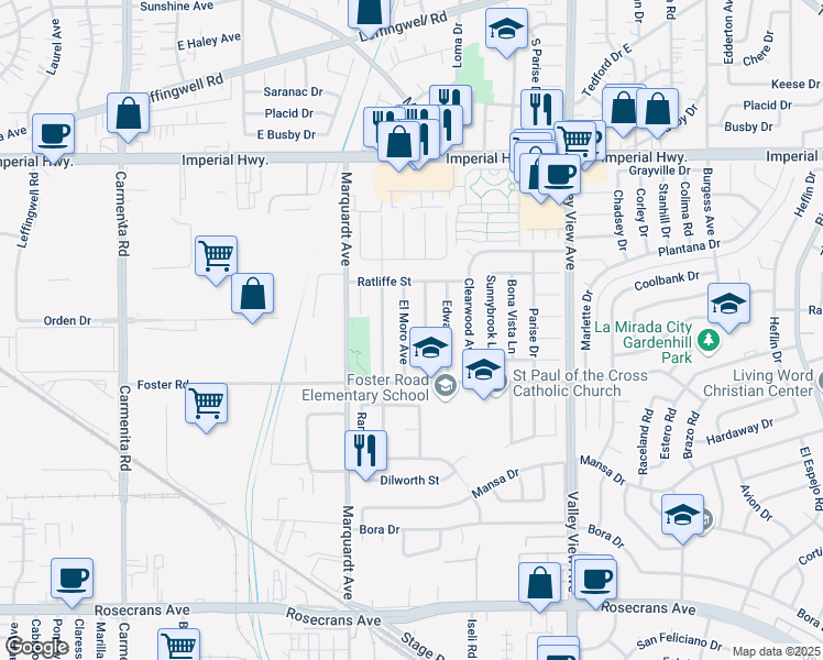 map of restaurants, bars, coffee shops, grocery stores, and more near 13033 Woodridge Avenue in La Mirada