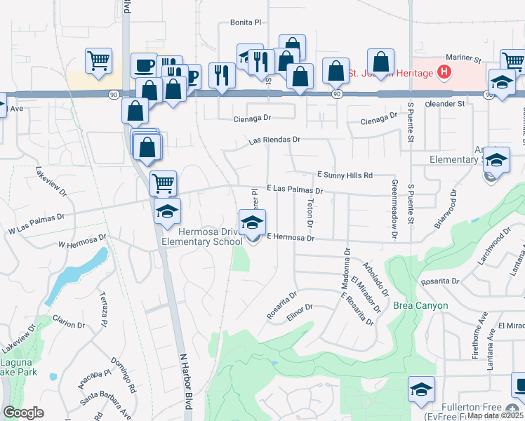 map of restaurants, bars, coffee shops, grocery stores, and more near 3410 Egerer Place in Fullerton