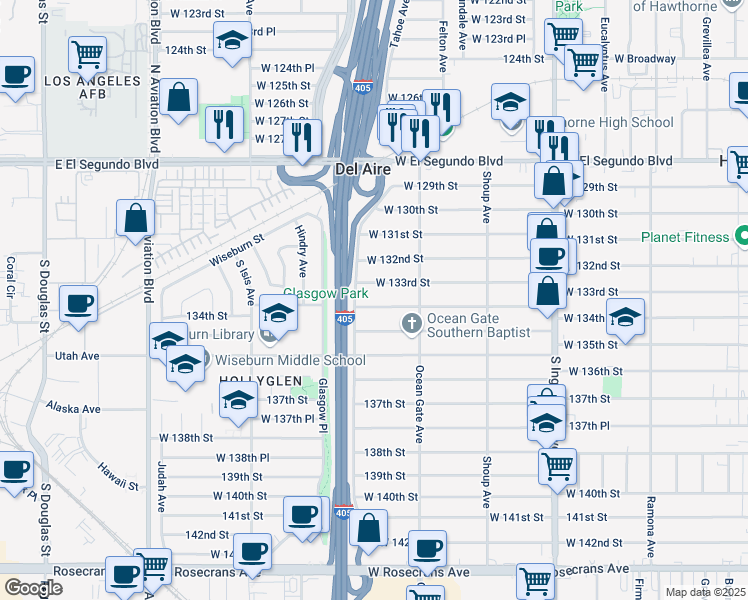 map of restaurants, bars, coffee shops, grocery stores, and more near 5170 West 133rd Street in Hawthorne
