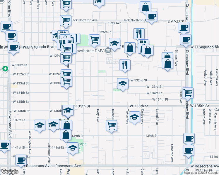 map of restaurants, bars, coffee shops, grocery stores, and more near 13235 Kornblum Avenue in Hawthorne