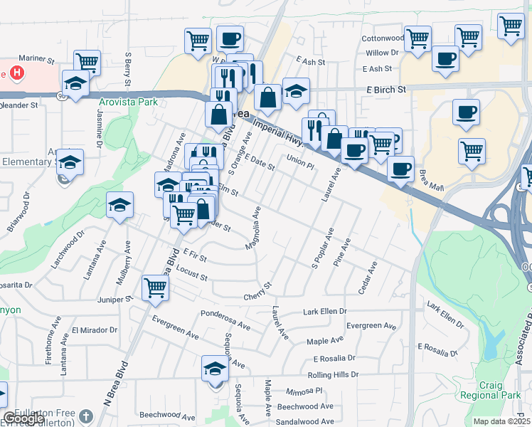 map of restaurants, bars, coffee shops, grocery stores, and more near 448 Magnolia Avenue in Brea