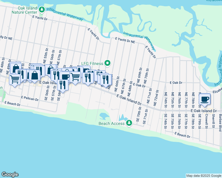 map of restaurants, bars, coffee shops, grocery stores, and more near 102 Northeast 65th Street in Oak Island