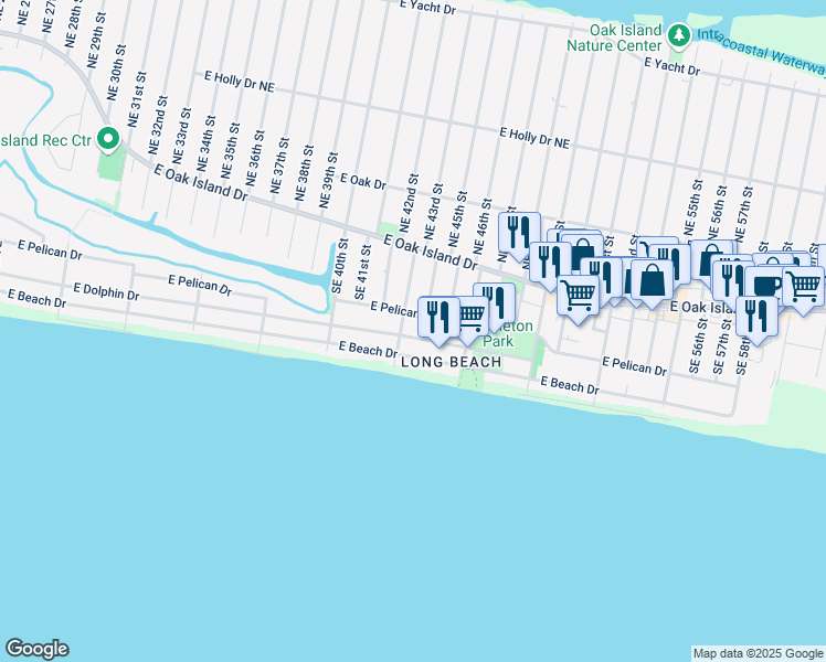 map of restaurants, bars, coffee shops, grocery stores, and more near 4313 East Pelican Drive in Oak Island