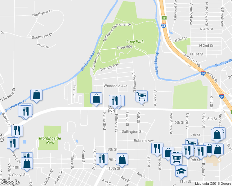 map of restaurants, bars, coffee shops, grocery stores, and more near 303 Rockwood Drive in Wichita Falls