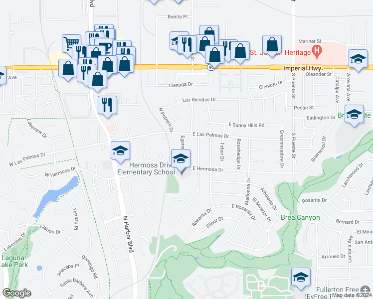 map of restaurants, bars, coffee shops, grocery stores, and more near 3410 Egerer Place in Fullerton
