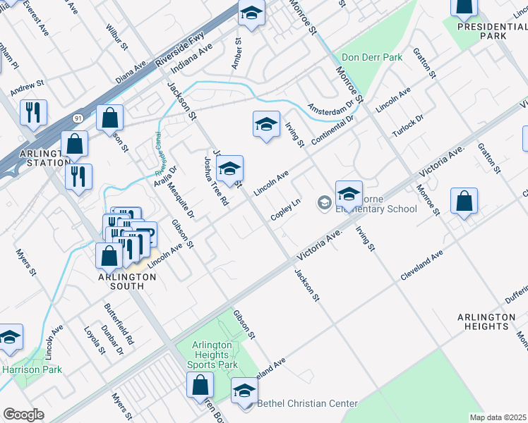 map of restaurants, bars, coffee shops, grocery stores, and more near 2865 Roncador Place in Riverside