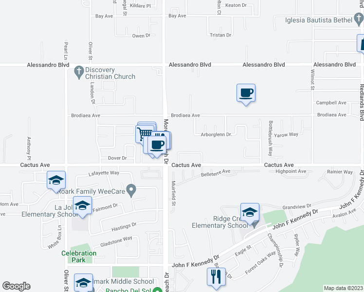 map of restaurants, bars, coffee shops, grocery stores, and more near 28070 Bradshaw Circle in Moreno Valley