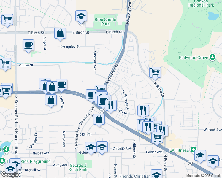 map of restaurants, bars, coffee shops, grocery stores, and more near 3378 Merida Lane in Brea