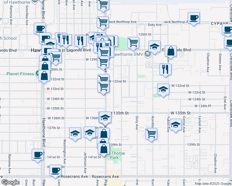 map of restaurants, bars, coffee shops, grocery stores, and more near 13226 Roselle Avenue in Hawthorne