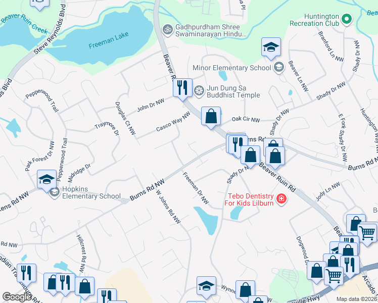 map of restaurants, bars, coffee shops, grocery stores, and more near 878 Burns Estates Drive Northwest in Lilburn