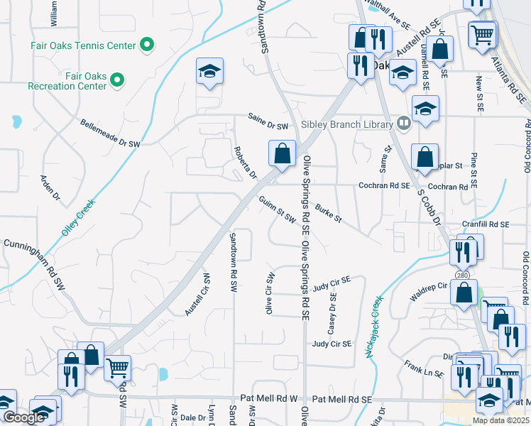 map of restaurants, bars, coffee shops, grocery stores, and more near 68 Guinn Street Southwest in Marietta