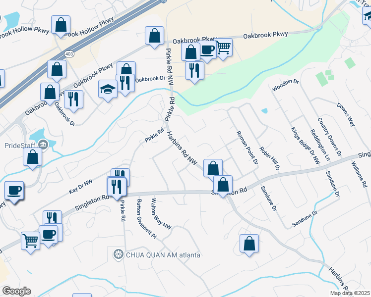 map of restaurants, bars, coffee shops, grocery stores, and more near 1492 Harbins Road Northwest in Norcross