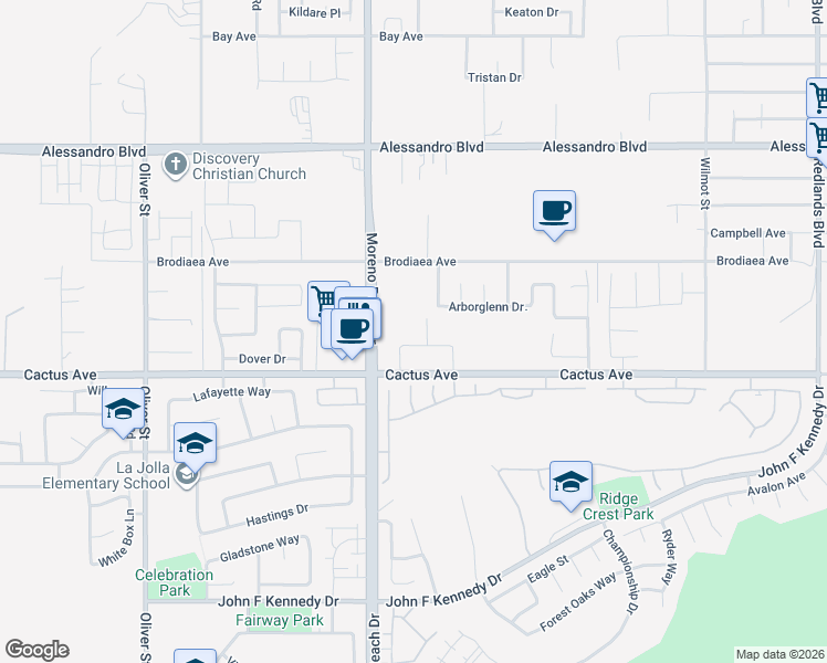 map of restaurants, bars, coffee shops, grocery stores, and more near 28070 Bradshaw Circle in Moreno Valley