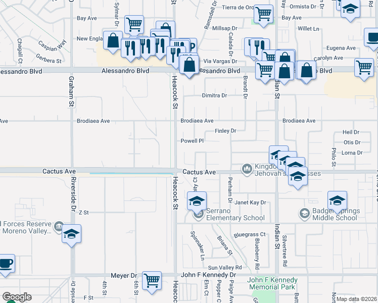 map of restaurants, bars, coffee shops, grocery stores, and more near 24033 Powell Place in Moreno Valley
