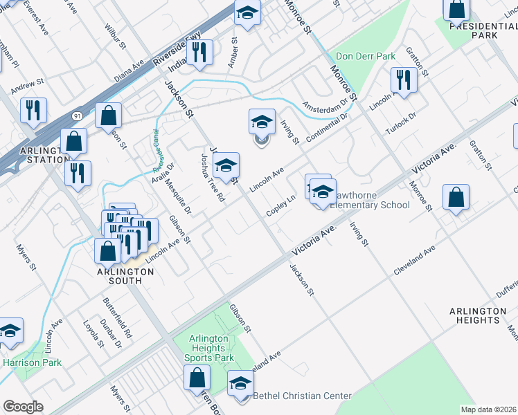 map of restaurants, bars, coffee shops, grocery stores, and more near 2865 Roncador Place in Riverside