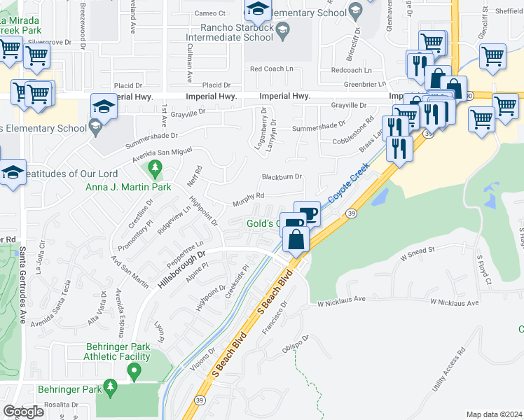 map of restaurants, bars, coffee shops, grocery stores, and more near 16506 Murphy Road in La Mirada