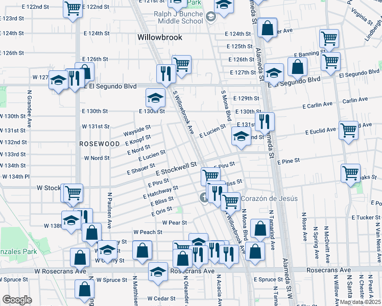 map of restaurants, bars, coffee shops, grocery stores, and more near 2270 East Lucien Street in Compton