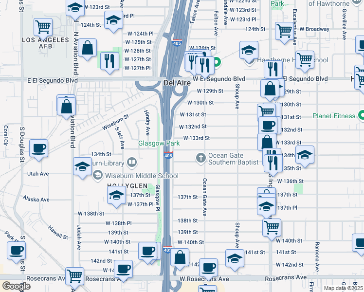 map of restaurants, bars, coffee shops, grocery stores, and more near 5170 West 133rd Street in Hawthorne