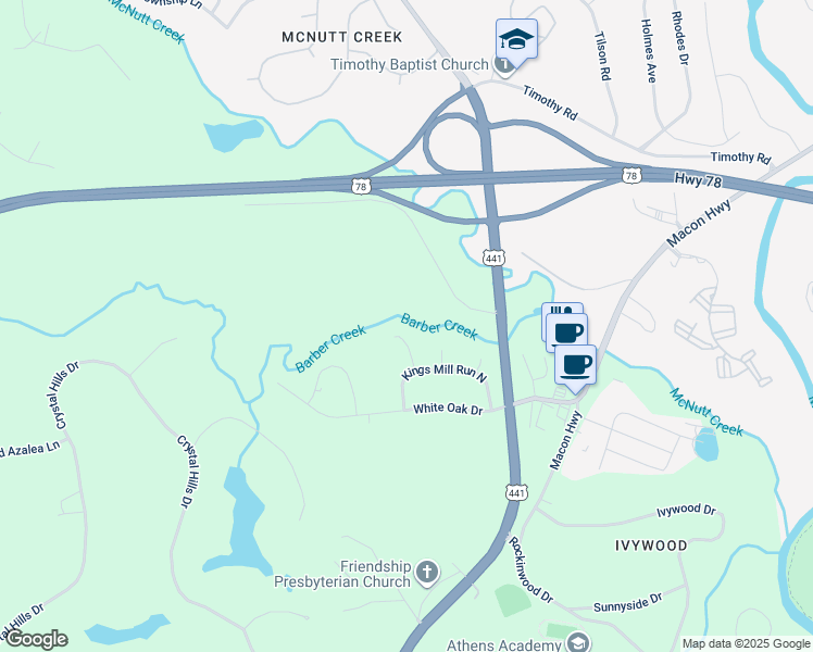 map of restaurants, bars, coffee shops, grocery stores, and more near 1060 Sourwood Court in Athens