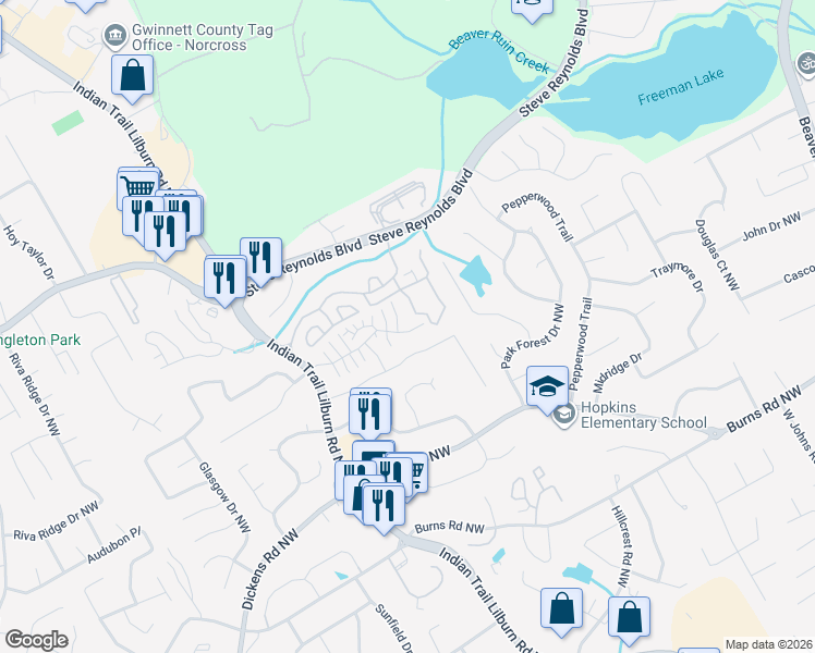 map of restaurants, bars, coffee shops, grocery stores, and more near 1086 Rock Creek Lane in Norcross