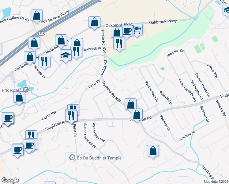 map of restaurants, bars, coffee shops, grocery stores, and more near 1492 Harbins Road Northwest in Norcross