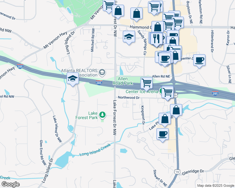 map of restaurants, bars, coffee shops, grocery stores, and more near 5734 Taylor Way in Sandy Springs