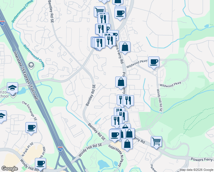 map of restaurants, bars, coffee shops, grocery stores, and more near 2927 Torreya Way Southeast in Marietta