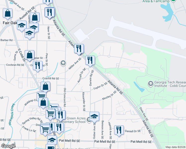 map of restaurants, bars, coffee shops, grocery stores, and more near 1706 Darwin Road Southeast in Smyrna
