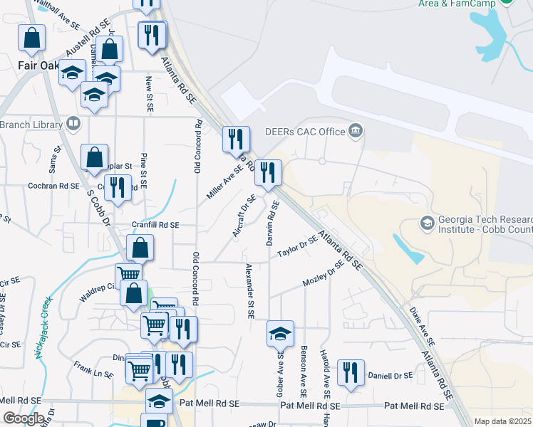 map of restaurants, bars, coffee shops, grocery stores, and more near 1701 Aircraft Drive Southeast in Marietta