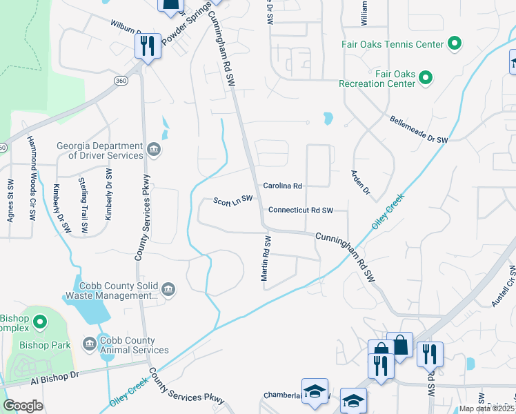 map of restaurants, bars, coffee shops, grocery stores, and more near 1698 Cunningham Road Southwest in Marietta