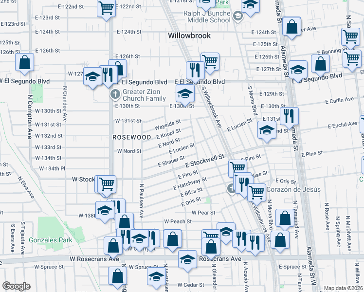 map of restaurants, bars, coffee shops, grocery stores, and more near 2133 East Lucien Street in Compton