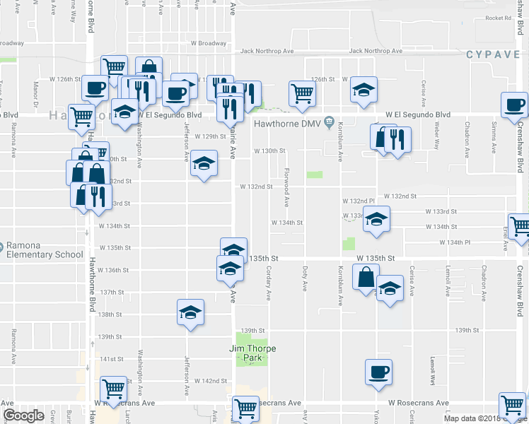 map of restaurants, bars, coffee shops, grocery stores, and more near 13305 Cordary Avenue in Hawthorne