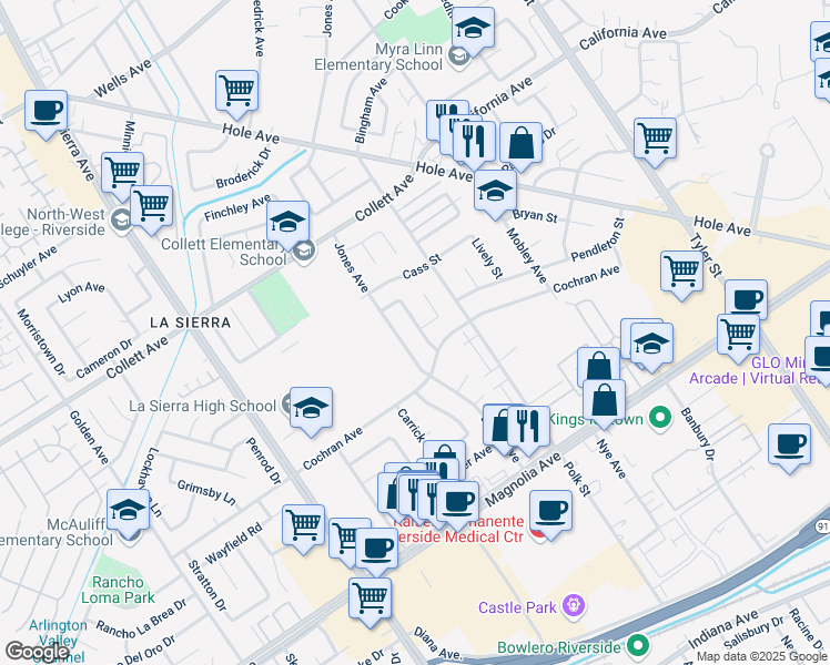 map of restaurants, bars, coffee shops, grocery stores, and more near 4095 Seymour Street in Riverside