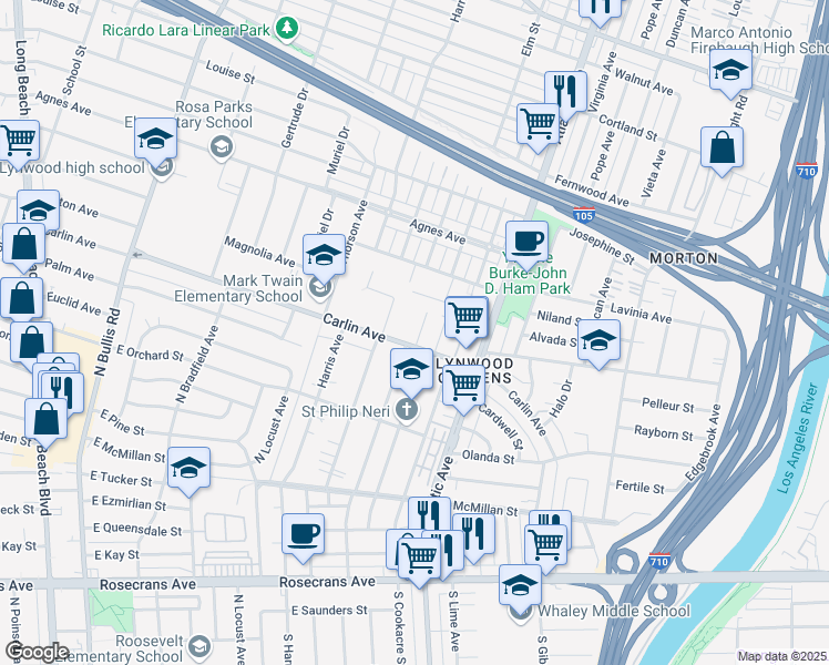 map of restaurants, bars, coffee shops, grocery stores, and more near 4271 Carlin Avenue in Lynwood