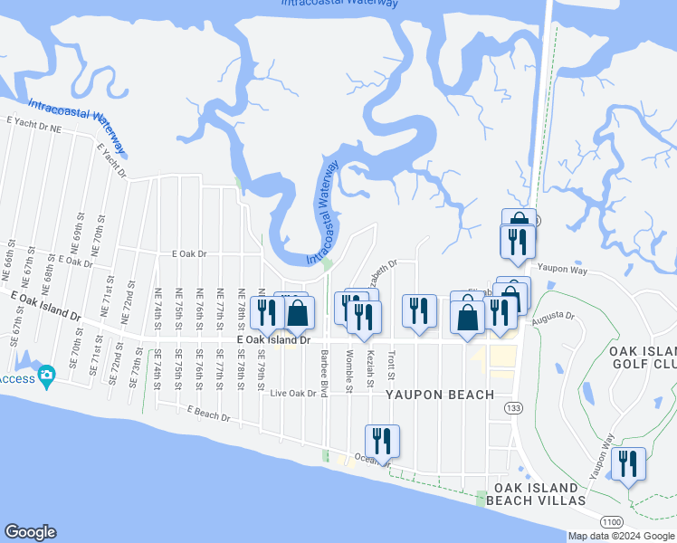 map of restaurants, bars, coffee shops, grocery stores, and more near 825 Elizabeth Drive in Oak Island
